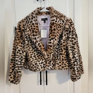 Bebe Rabbit Fur Leopard Print Cropped Genuine Jacket FLAW M